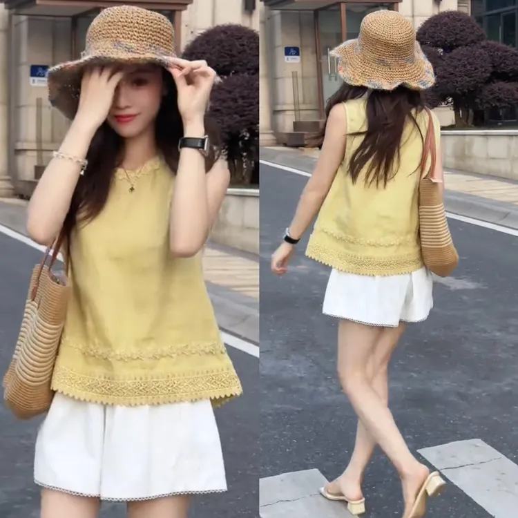 夏季时尚超好看两件套女装无袖背心小衫+阔腿短裤时尚减龄套装