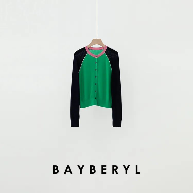 Z6-BAYBERYL老贝绿拼藏青拼色圆领插肩袖针织开衫ZZS4L2704