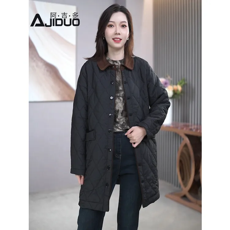 冬季中长款加厚棉服外套女新款大码遮肉显瘦菱格保暖棉袄翻领外套