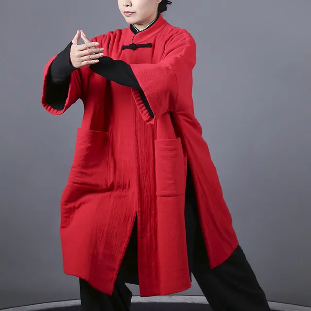 马蕾太极秋冬款男女加棉练功太极服披风保暖大红色柔软定制款透气