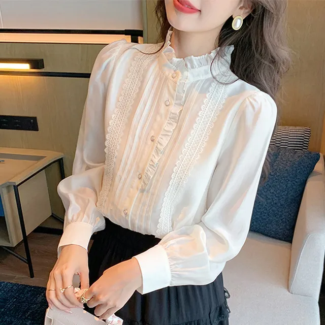 法式高级感木耳边长袖立领衬衫女2025春季新款别致减龄气质白上衣