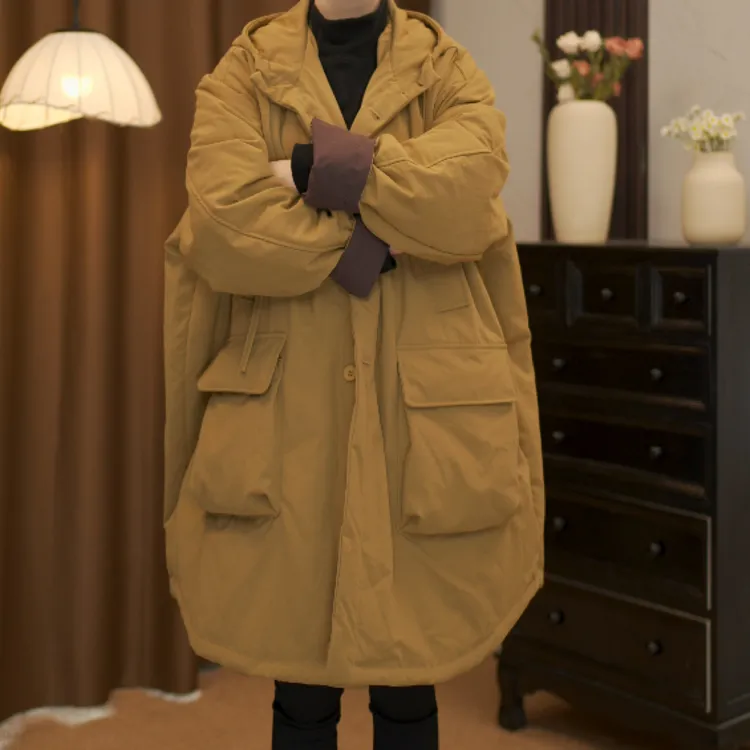 冬季连帽中长款多口袋加厚休闲拼色棉服外套