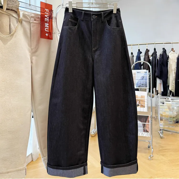 高级感巨好看的独特高腰休闲牛仔裤女秋季显瘦卷边裤子弯刀裤长裤