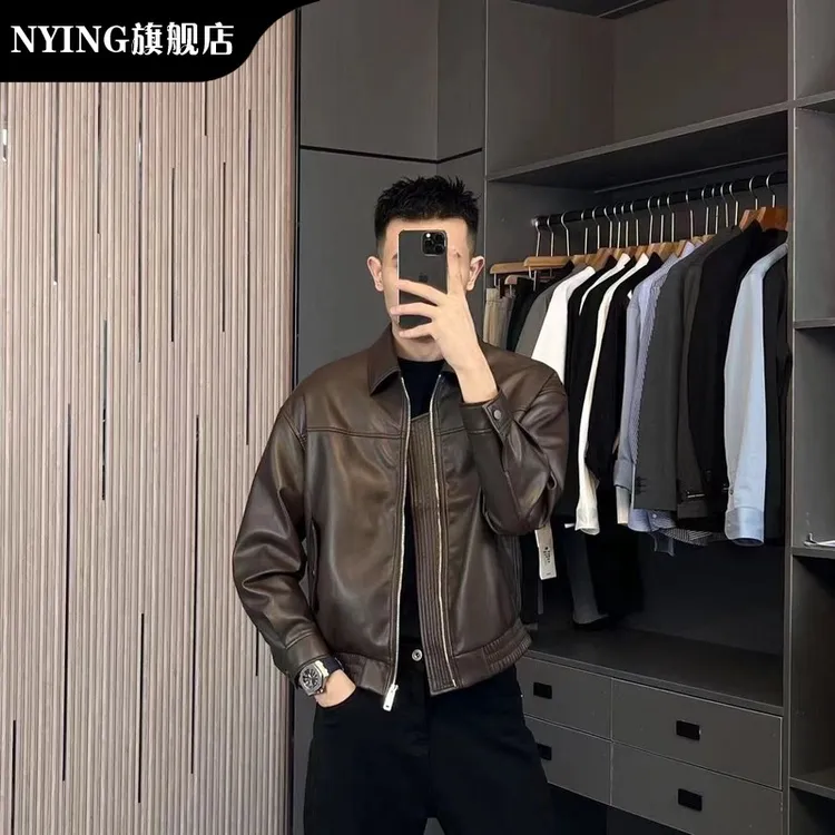 NYING秋季翻领机车服轻熟风皮夹克男士痞帅气外套休闲高品质潮牌