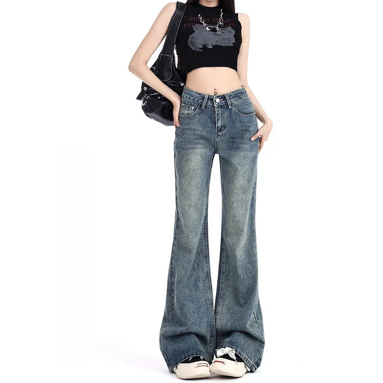 花乐集高个子加长美式复古微喇牛仔裤女高腰显瘦不贴腿拖地阔腿裤