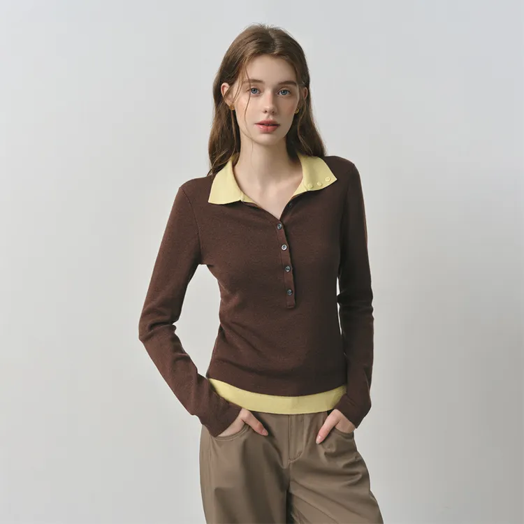 范思蓝恩撞色琥珀流光风毛针织衫25秋新款假两件翻领25FS13006