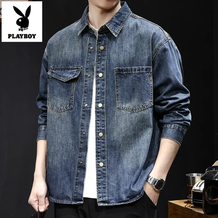 花花公子高端潮牌牛仔衬衫男外套2025秋季新款大码男士休闲夹克潮