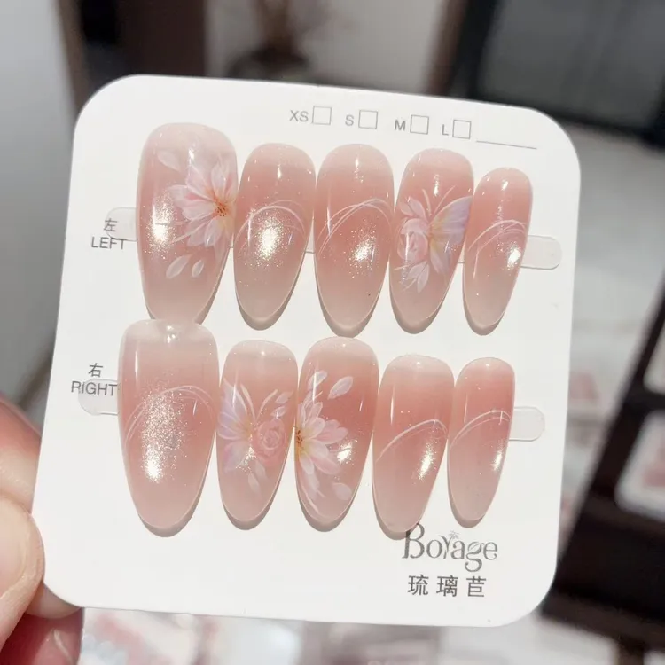 粉黛生香 琉璃苣 纯手工腮红手绘花花猫眼穿戴美甲贴片