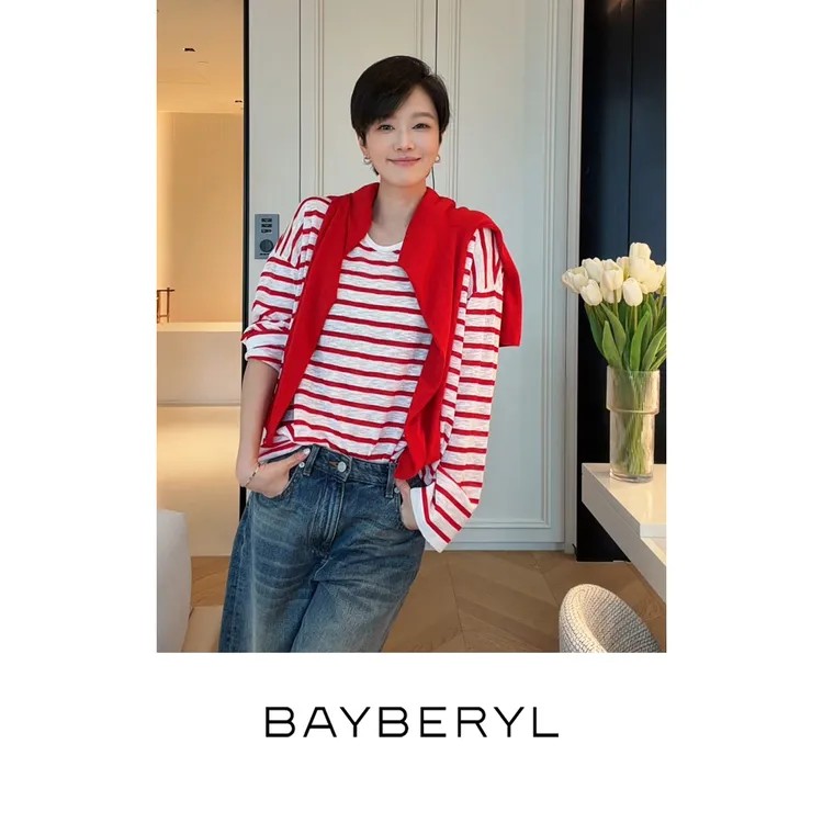 BAYBERYL老贝冰菓*夏清爽条纹透气丝麻圆领针织衫ZZS6C1801-4/11
