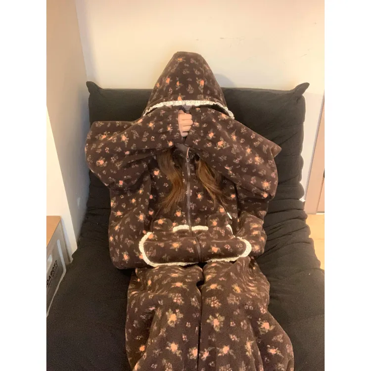 冬季新款珊瑚绒花边开衫连帽外套保暖睡衣女加厚毛茸茸居家服套装