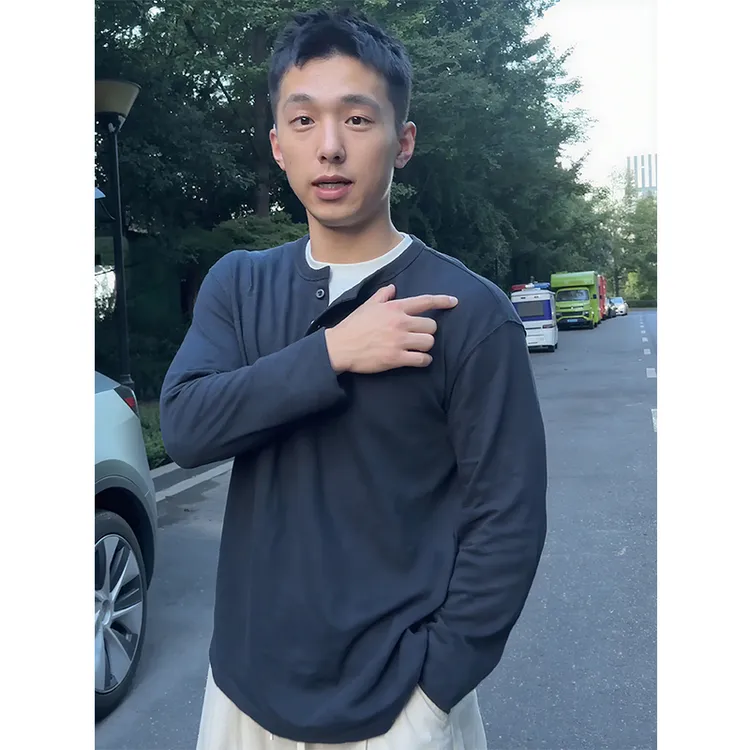 竹节棉亨利领假两件长袖T恤男款秋季潮牌cleanfit美式内搭打底衫