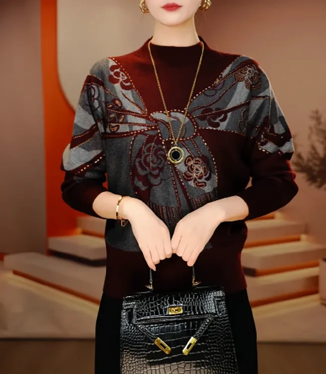 气质提花烫钻长袖针织衫毛衣2025秋冬新款宽松时尚显瘦打底衫上衣