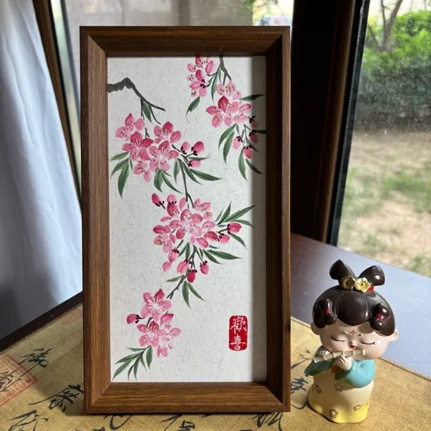 手绘国画桃花，客厅玄关装饰画，含框14.7×26.4