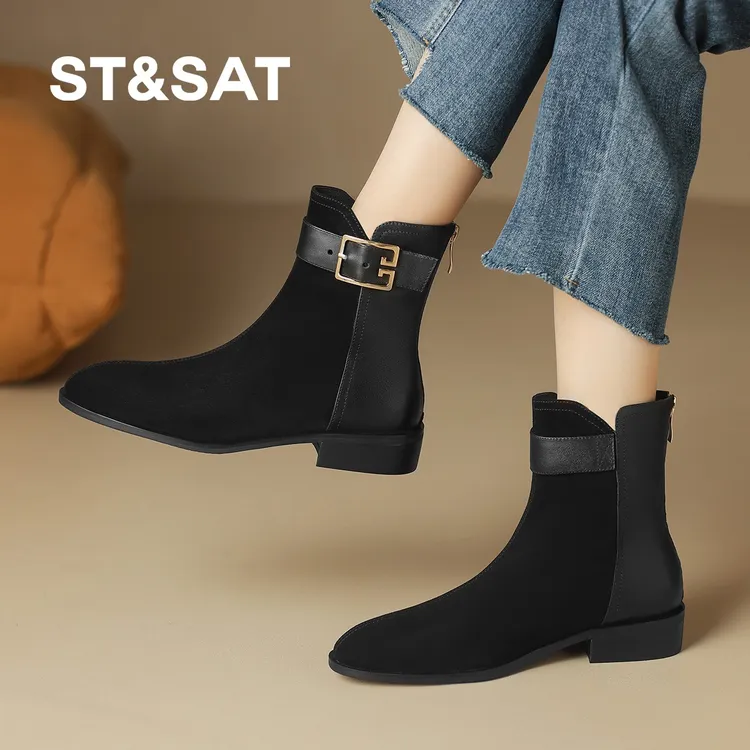 St&Sat/星期六复古加绒粗跟时装短靴女秋冬新款切尔西百搭小短靴