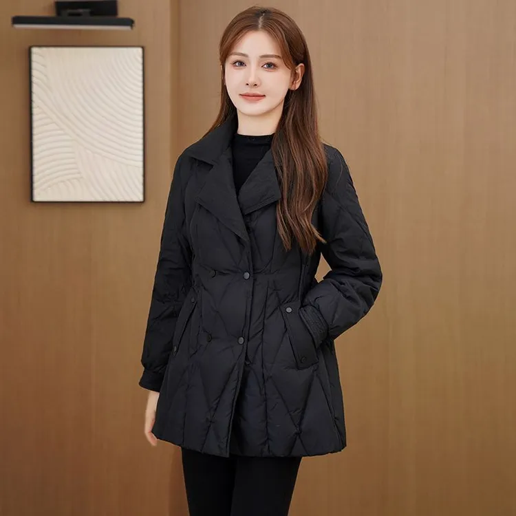 2025新款冬季女装显瘦中长款羽绒棉服黑色小个子西装领外套