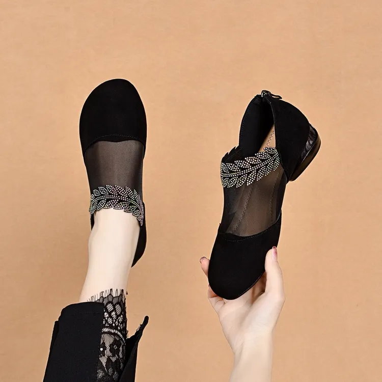 2025新款春夏季网纱单鞋女圆头平底女鞋真皮妈妈凉鞋镂空薄款皮鞋