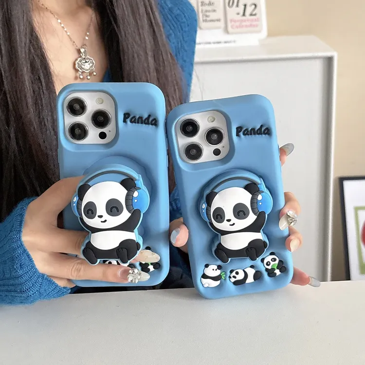 (苹果)DJ熊猫支架卡通适用iPhone16可爱小熊创意立体硅胶手机壳
