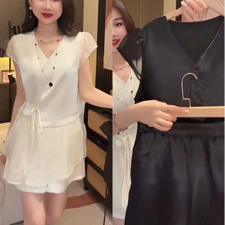 时尚气质显瘦收腰短袖百搭遮肚套装