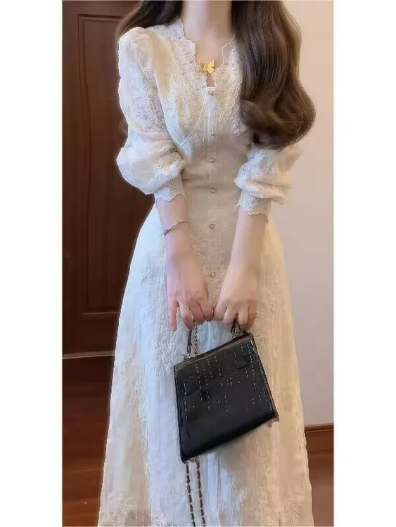 【现货】秋新法式甜美温柔风白色蕾丝连衣裙长袖收腰气质长裙