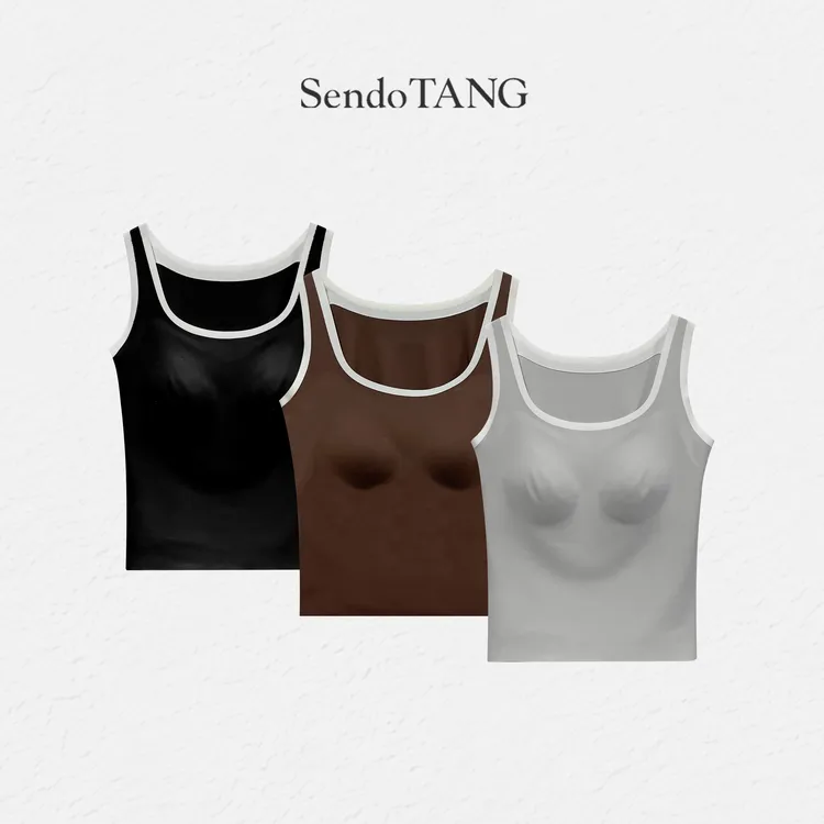 百搭拼色无袖背心【贴身日记】胖多女装新款修身带胸垫打底叠穿