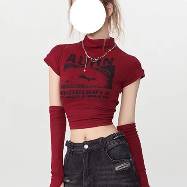 美式复古堆堆半高领短袖恤女夏季新款辣妹带袖套短款上衣潮