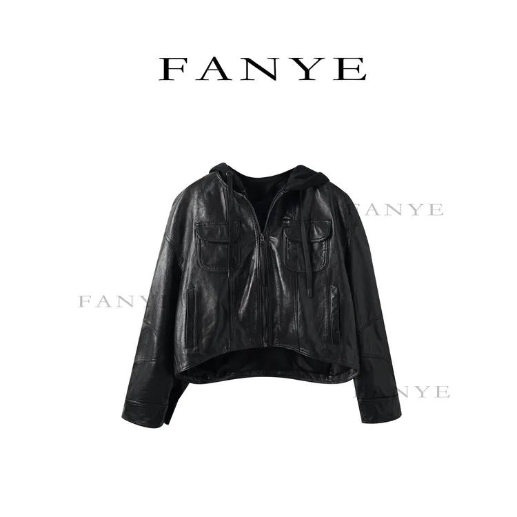 FANYE 2025秋冬新款设计感拼接假两件连帽皮衣外套98017