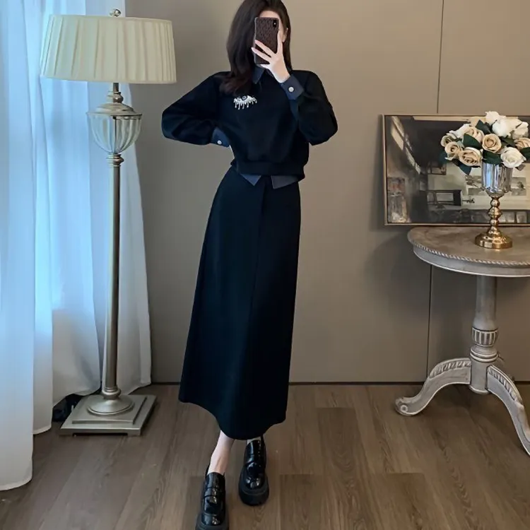 1022高级感时尚拼接卫衣半身裙套装流行新款