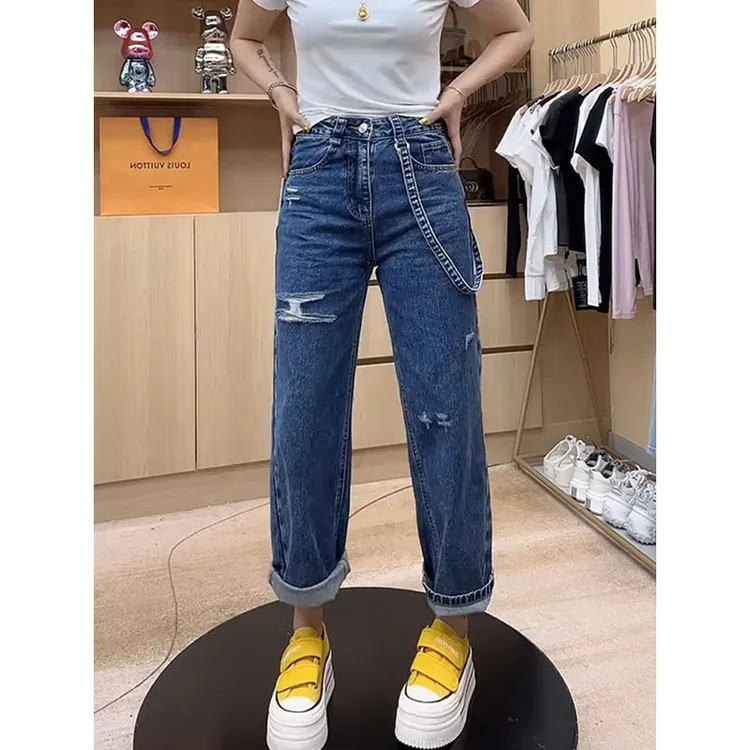 大码梨形身材高腰宽松显瘦牛仔裤春夏新款洋气百搭蓝色破洞直筒裤