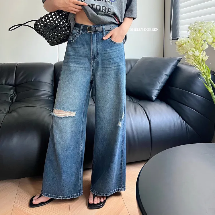 休闲破洞设计高腰显瘦宽松阔腿裤子爆款春夏洋气新款直筒牛仔裤