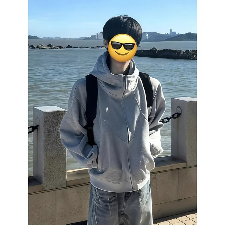 美式重磅解构拼接连帽开衫卫衣男秋季潮牌设计感boxy硬挺情侣外套