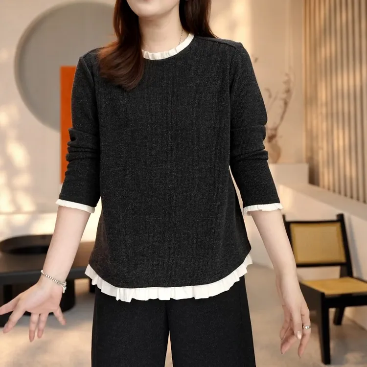 大码设计感下摆拼接花边T恤女2025新款秋冬韩版气质百搭长袖上衣