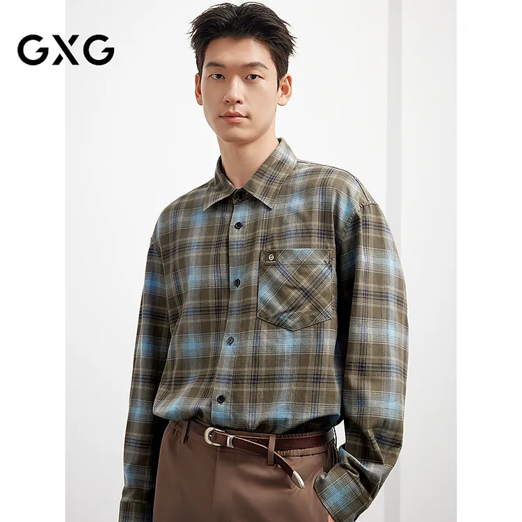 GXG男装 25年春秋季纯棉薄款格纹长袖衬衫情侣潮慵懒#G25D033029