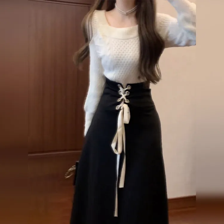 HJY新款法式黑色绑带春夏高级感独特绝美穿搭气质半身裙女7709