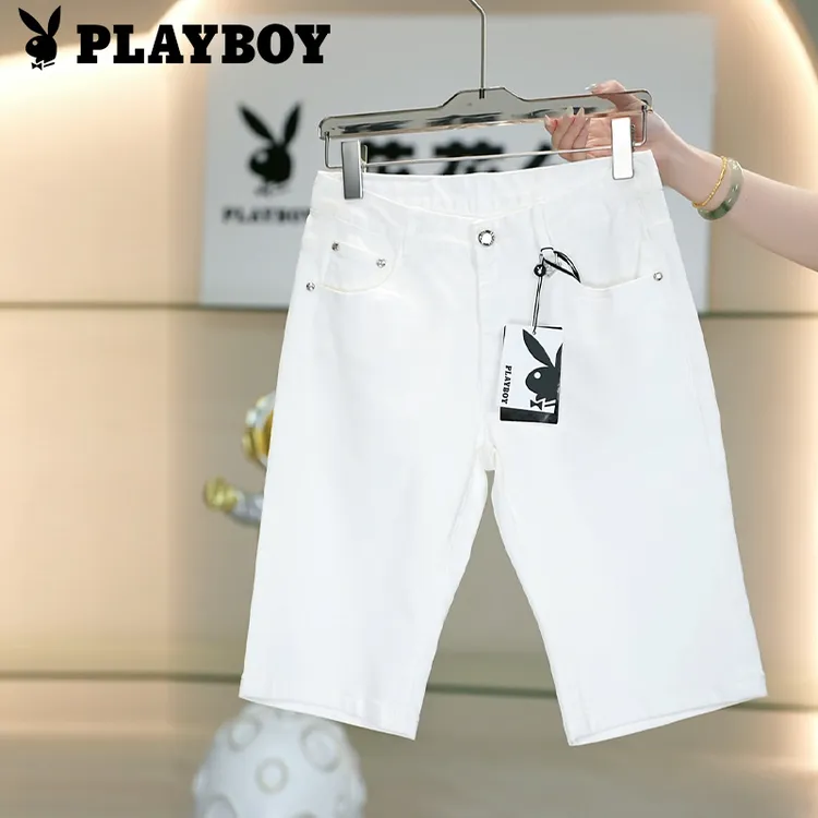 PLAYBOY/花花公子白色牛仔短裤男士夏季薄款修身潮流纯色五分裤
