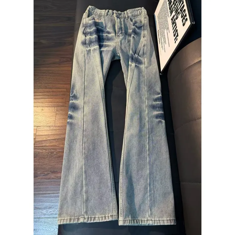 cleanfit秋冬加绒蓝色闪电纹牛仔裤男款美式高街直筒水洗微喇裤子