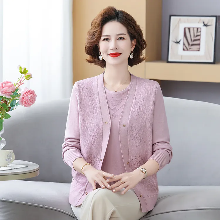 妈妈秋装针织衫两件套洋气外套2025新款中老年女装百搭上衣开衫薄
