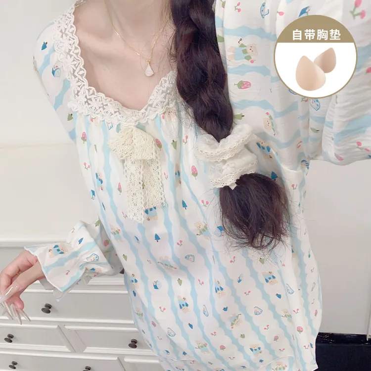 春秋季爆款甜美条纹带胸垫长袖长裤睡衣女款云朵棉家居服女士套装