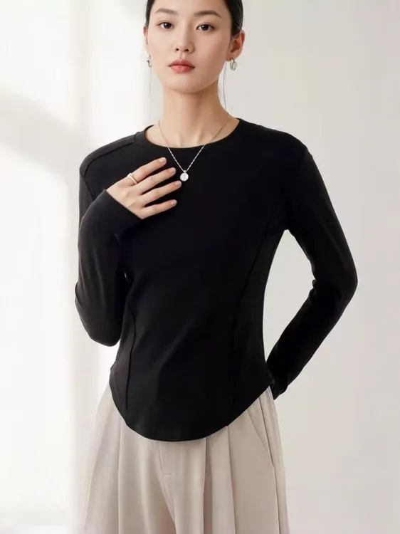 鱼骨线女士麒麟糯米绒气质保暖长袖打底衫修身百搭时尚圆领秋冬