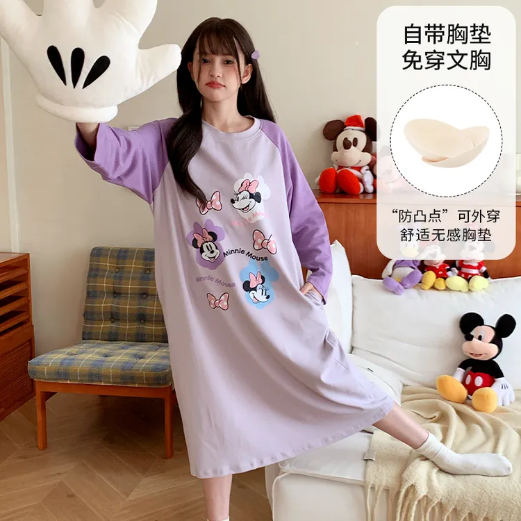 Disney/迪士尼秋季纯棉圆领带胸垫舒适长袖宽松卡通家居服0153