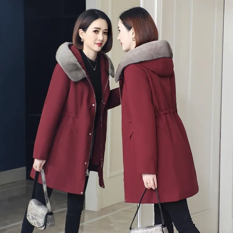 海宁派克服女2025新款冬水貂毛领兔毛内胆可脱卸皮草洋气妈妈外套