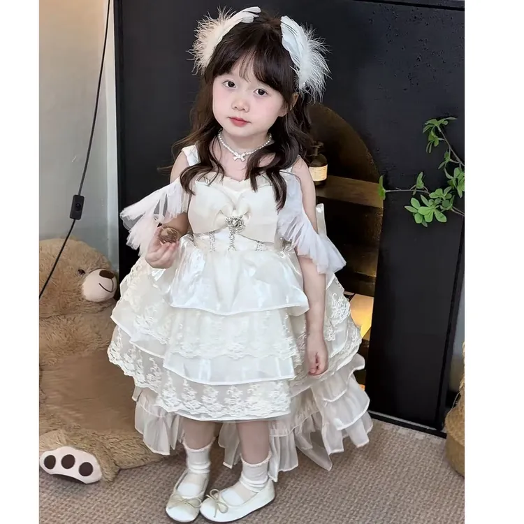 女童夏季白色糖心海洋洛丽塔花嫁中小童新款大拖尾花童生日礼服潮