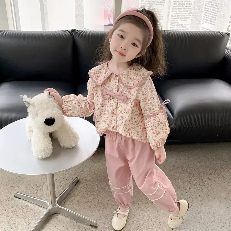 女童套装春秋季2025新款洋气时髦女宝宝春款儿童碎花蝴蝶结两件套