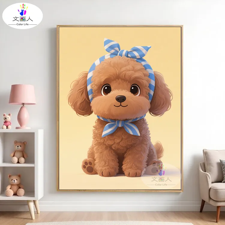 文画人客厅简约数字填色油画可爱动物带头巾的小狗狗DIY数字油画