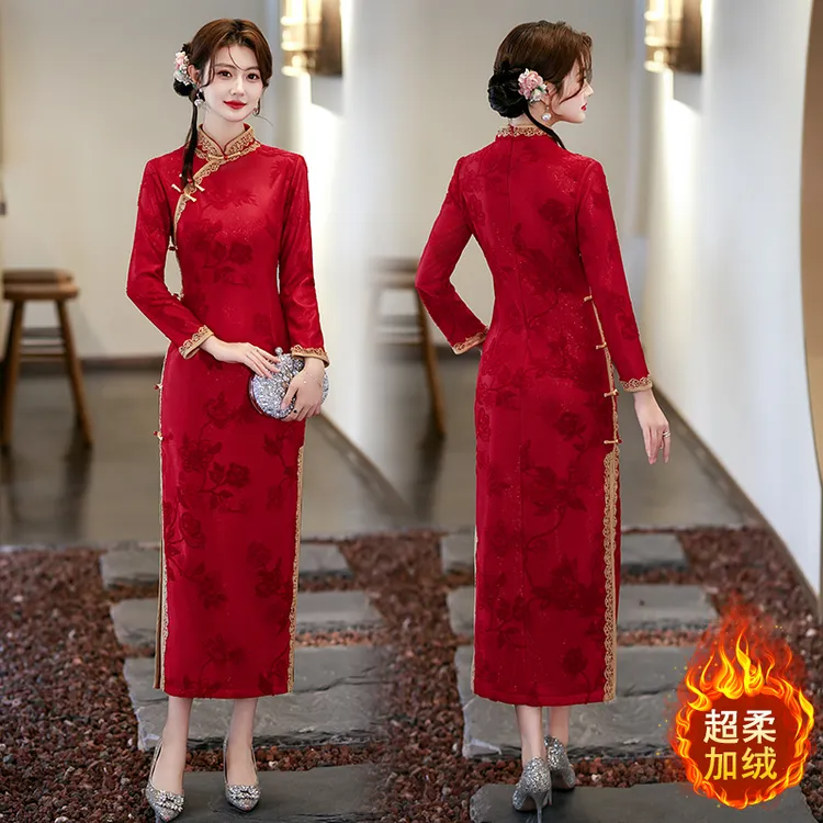 加绒保暖红色旗袍长款回娘家礼服高端喜婆婆妈妈装2025秋冬爆款