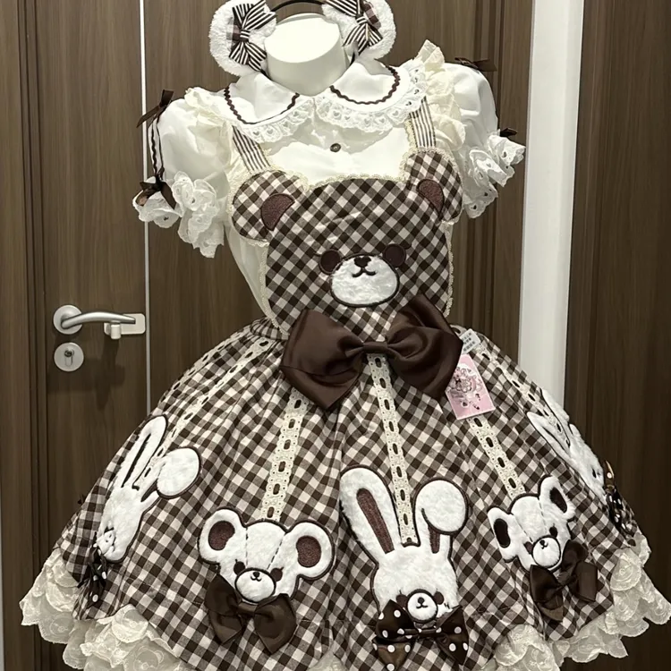 【熊古力】现货秒发送衬衫/Kc原创可爱背带小熊格子Lolita裙子