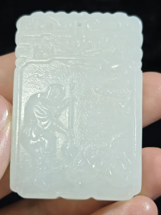 旧藏天然和田玉伏虎罗汉子冈玉牌挂件50克55*38*10mm