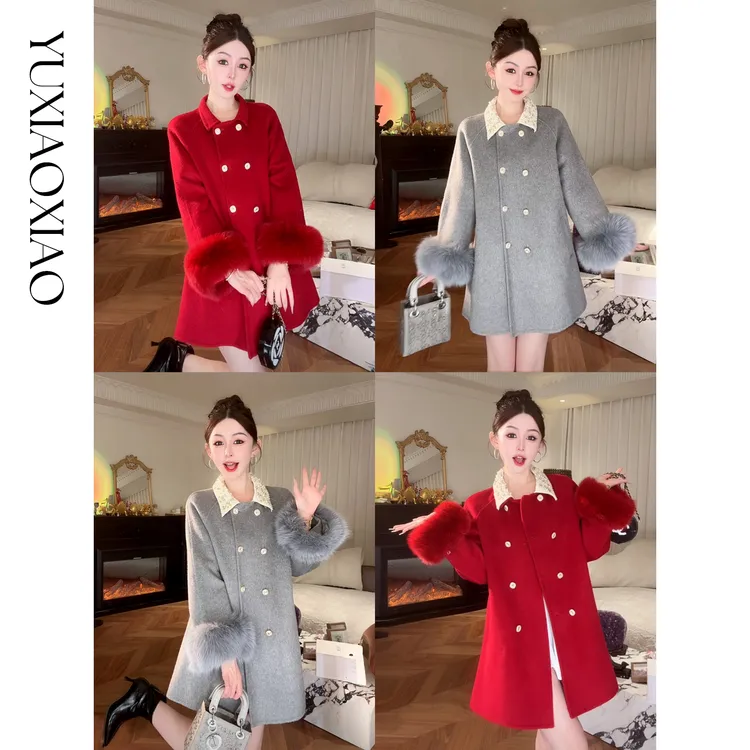 余潇潇【玫瑰剧院】重工手工订珠可拆卸狐狸毛袖领口双面羊毛大衣