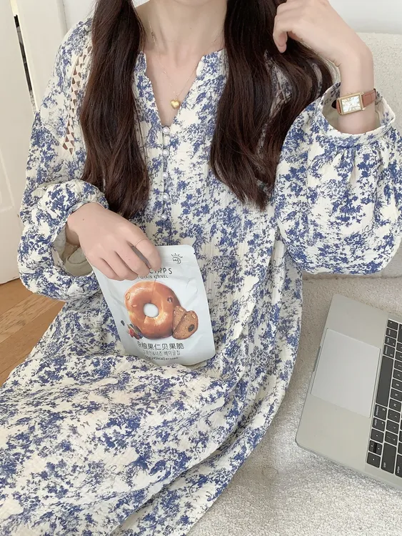 甜美碎花纯棉纱布睡裙春秋季长袖宽松中国风青花v领睡衣家居服女