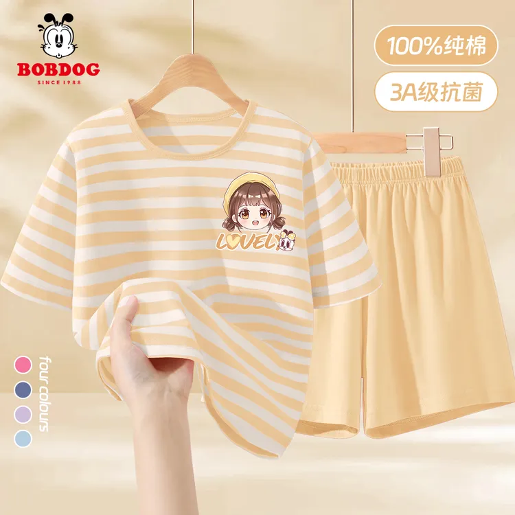巴布豆卡乐睡衣儿童a类纯棉夏季女孩短袖短裤亲肤女童家居服套装