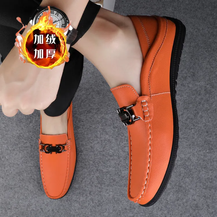 皮鞋男款秋冬加绒保暖时尚百搭软底休闲鞋法式优雅潮流韩版驾车鞋